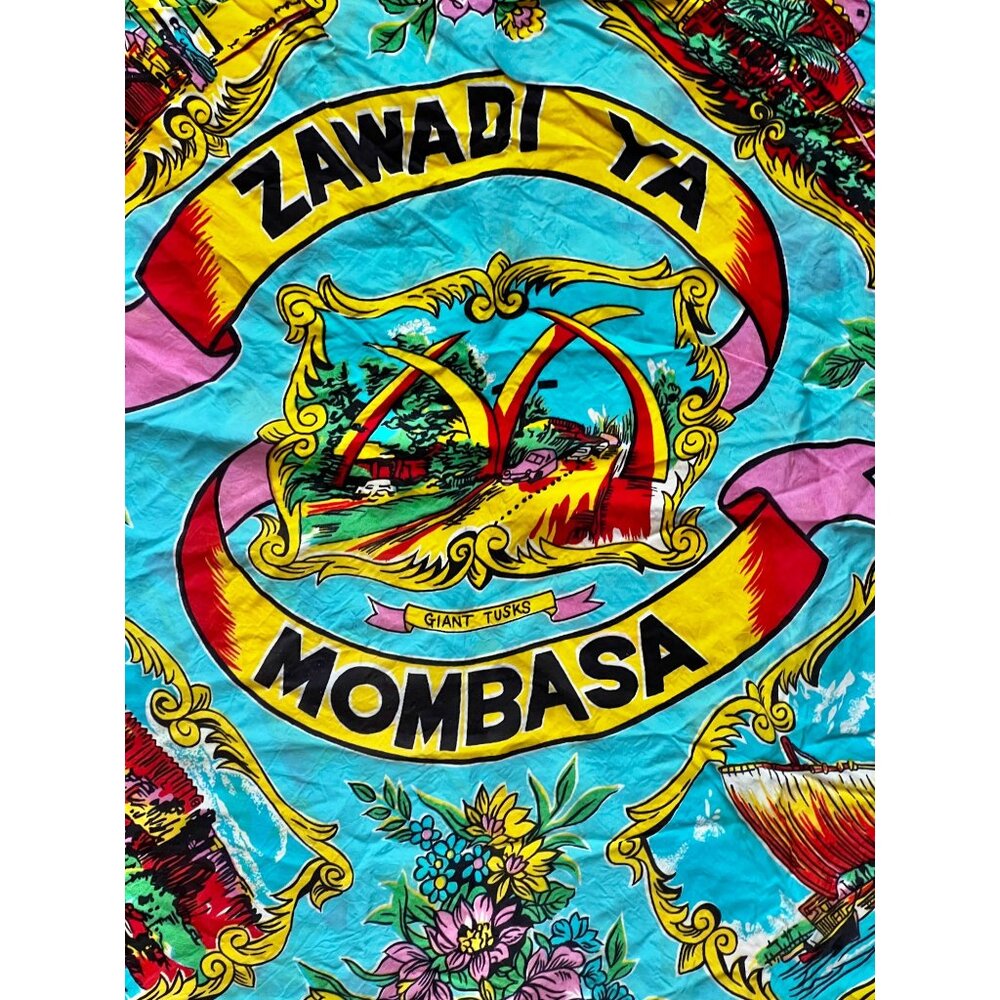 Zawadi Ya Mombasa Vintage Souvenir Scarf 28"x27" Turqoise Yellow Red Pink Green - Picture 2 of 10